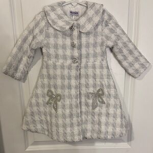 Blueberi Boulevard White & Light Gray Plaid Tweed Coat with Sparkle Bows